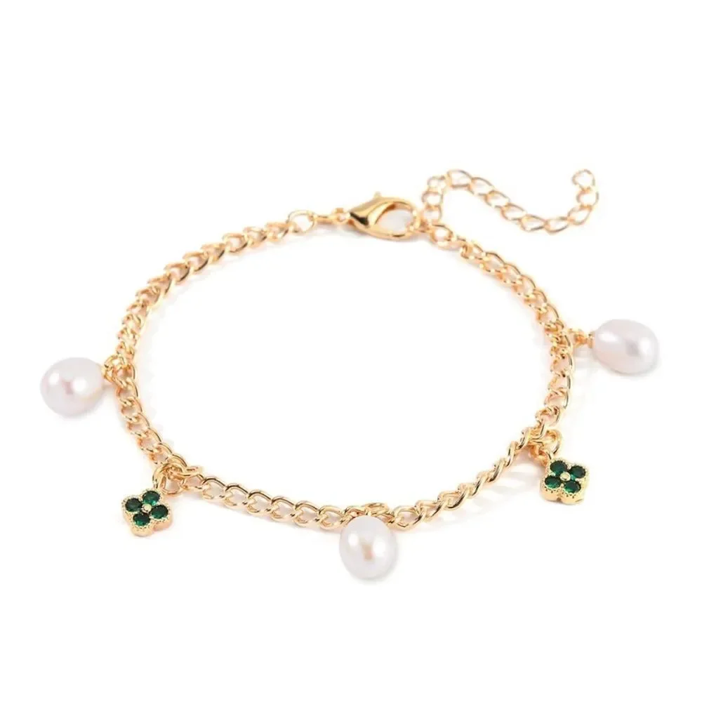 White Freshwater Pearl & Green Austrian Crystal Clover Bracelet nwt